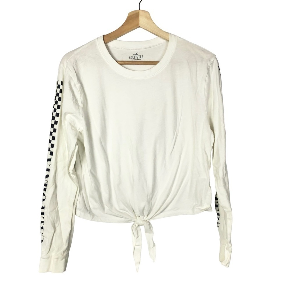 Hollister White Tie Front Checker Sleeve Long Sleeve T-Shirt S